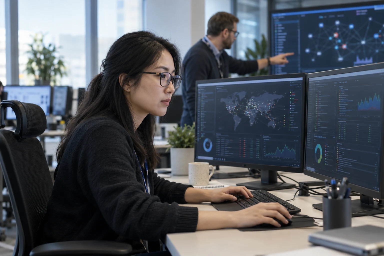 Illustration d’une analyste et de son collègue dans un centre de sécurité informatique