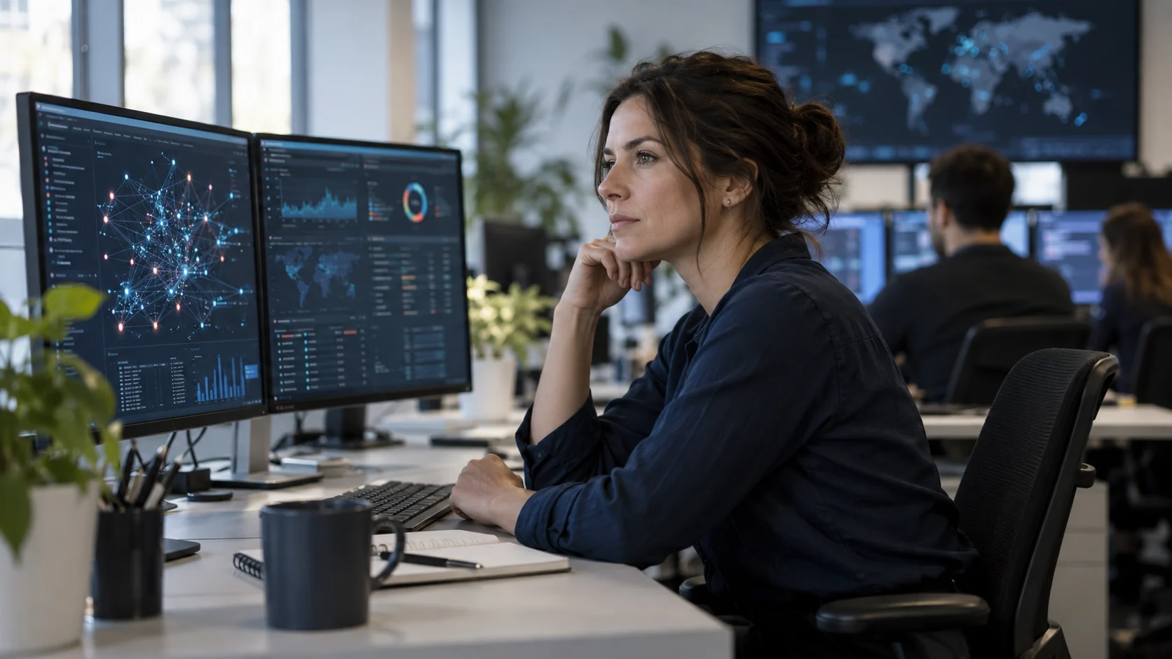 Illustration d’une analyste cybersécurité dans un centre d’opérations