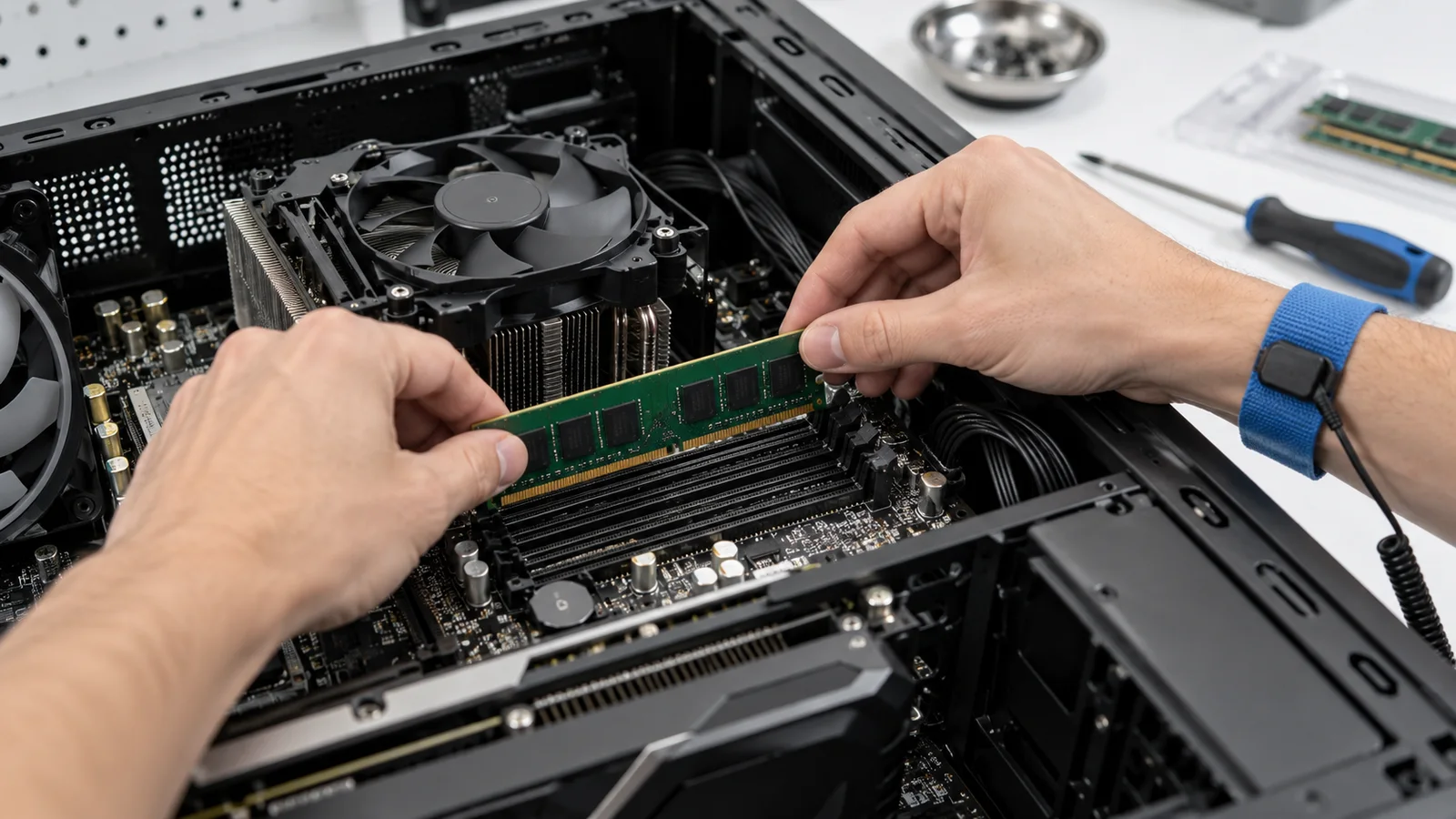 Technicien installant de la mémoire dans un ordinateur professionnel