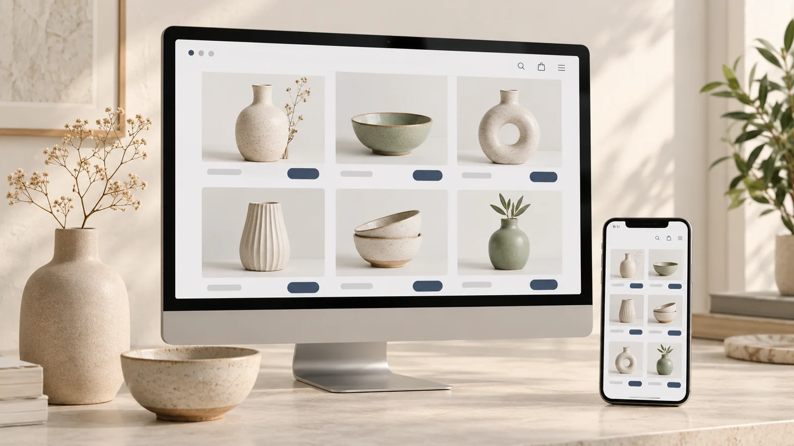 Boutique en ligne présentée sur ordinateur et smartphone